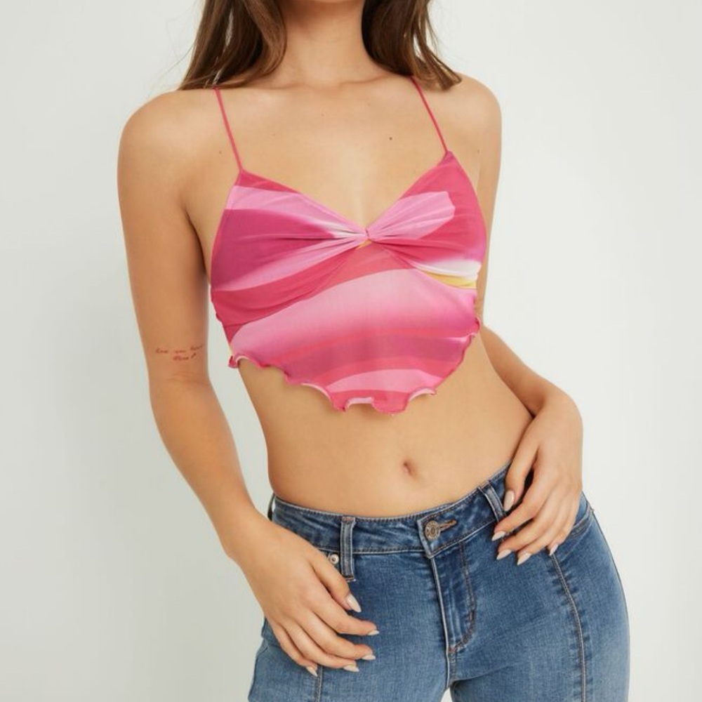 Garage handkerchief top with ruffling detail and criss cross straps